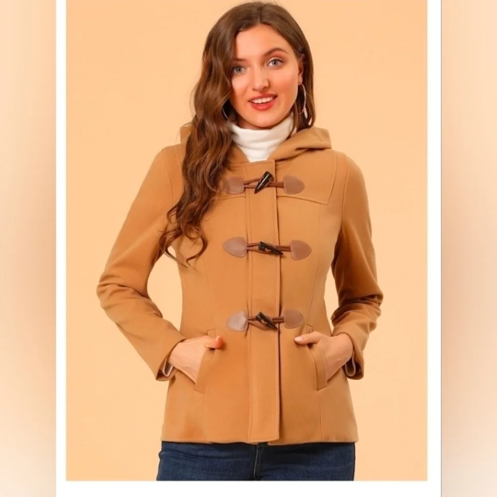Allegra K Women's Casual Winter Outwear Hooded Button Peacoat Toggle Duffle Coat